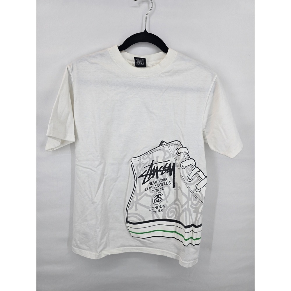 Stussy World Tour Sneaker Graphic T-Shirt Mens Small White Short Sleeve CrewNeck